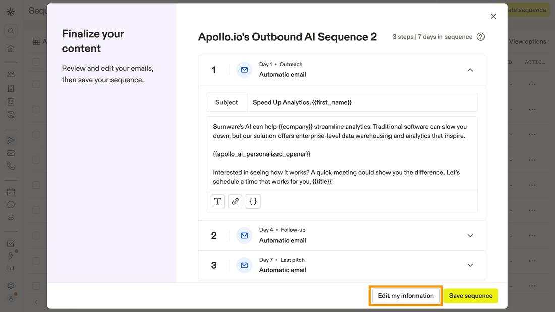 Apollo Sequences builder showing a Day 1 / Day 4 / Day 7 automatic-email cadence with personalization tokens and a Save sequence button.