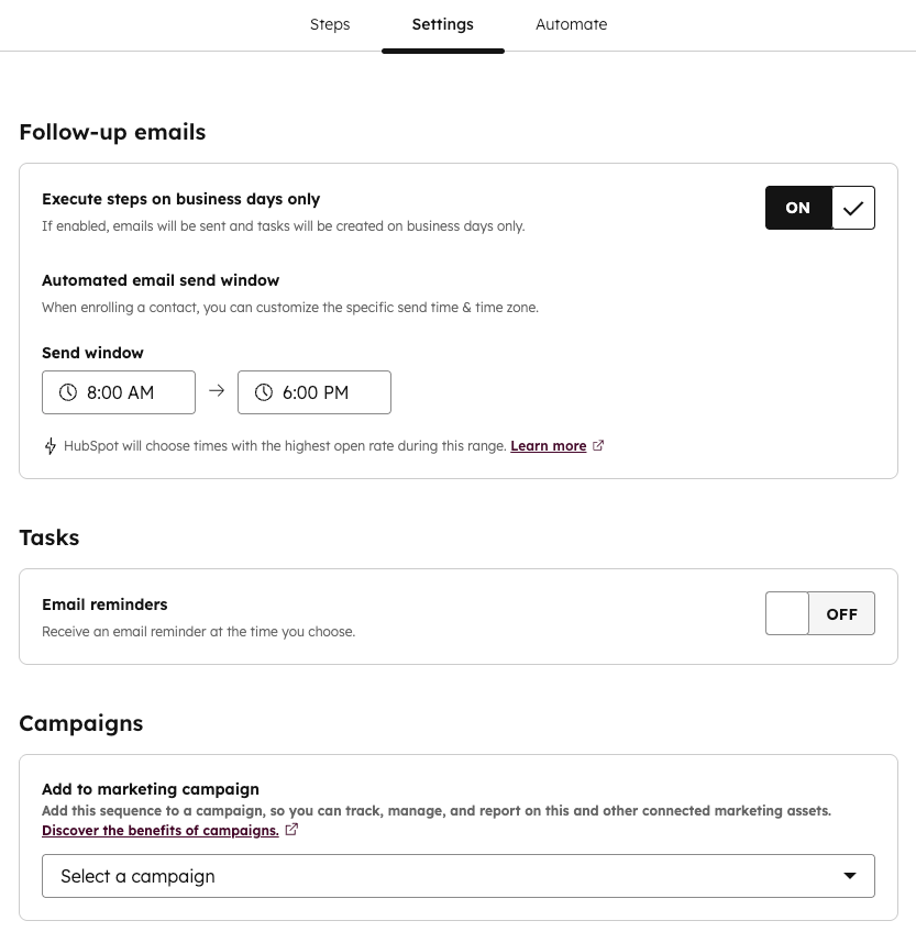 HubSpot Sequences settings tab showing execute-on-business-days, an automated send window, task reminders, and campaign association.