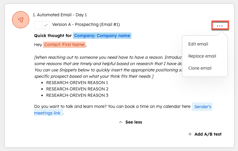 HubSpot Sequences editor showing a multi-step enrollment workflow with delay and email send actions