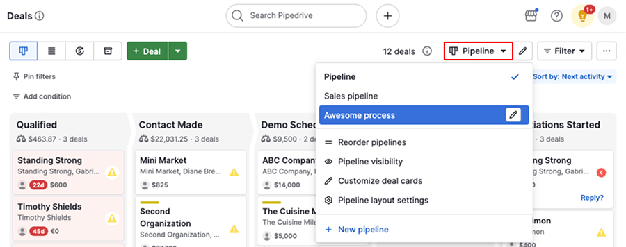 Pipedrive pipeline board with deal cards showing source campaign and reply stage